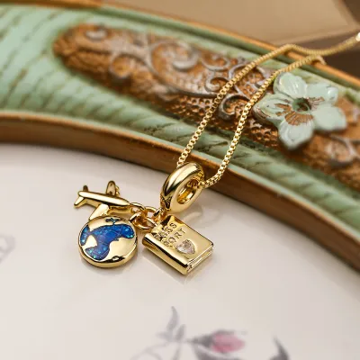 Creative Vintage Women Copper Plated Real Gold Zircon Camera Passport Pendant Necklace