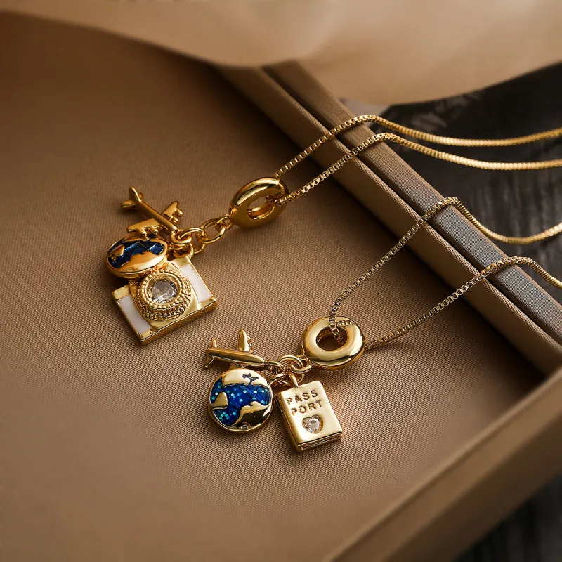 Creative Vintage Women Copper Plated Real Gold Zircon Camera Passport Pendant Necklace