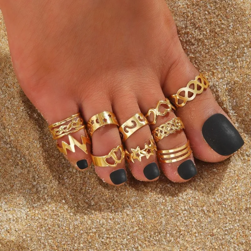 Women Fashion Boho Vintage Vacation Beach Metal Hollow Toe Ring
