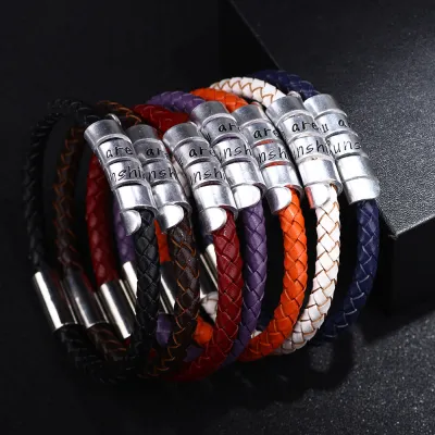 Men Pu Leather Woven Magnetic Buckle Bracelet Father'S Day Gift