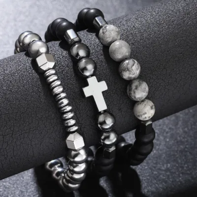 3pcs/Set Men Vintage Hematite Beads Cross Bracelet