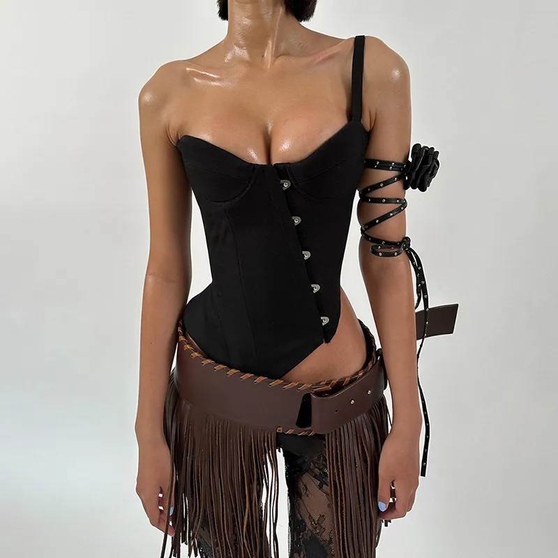 Women Fashion Solid Color Sleeveless Strap Backless Buckle Crop Top