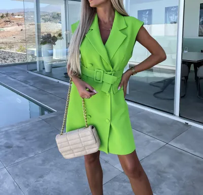 Women Fashion Solid Color Sleeveless Double-Breasted Slim Dress With Belt