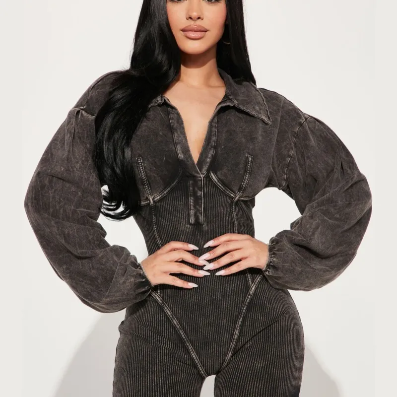 Women's V-Neck Slim Fit Long Sleeve High Waist Romper
