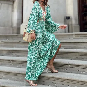 Women Casual Commuter Wind Print Long Sleeve Maxi Dress
