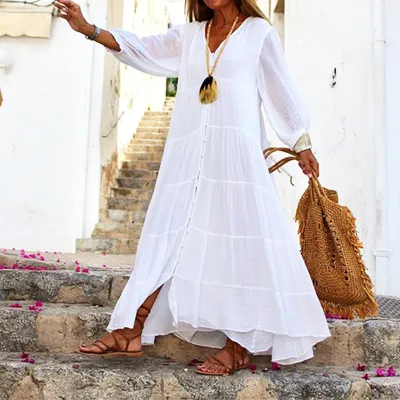 Summer Women Casual Solid Color Bohemian V-Neck Long Sleeve Cotton Linen Maxi Dress