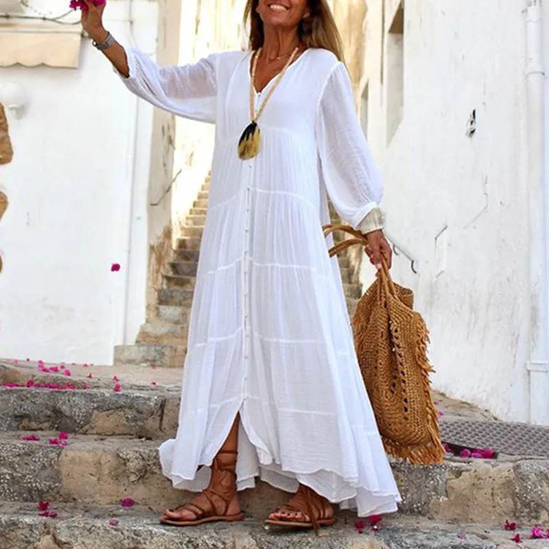 Summer Women Casual Solid Color Bohemian V-Neck Long Sleeve Cotton Linen Maxi Dress