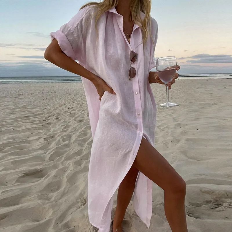 Women Casual Cotton Linen Shirt Maxi Dress Solid Color Long Sleeve