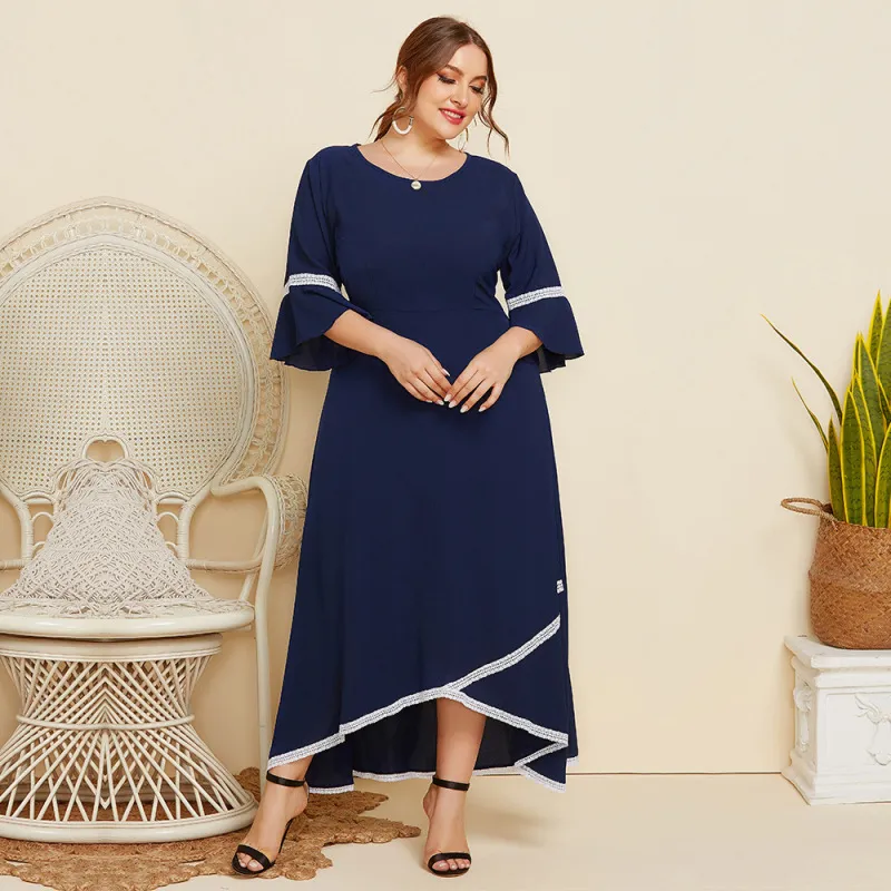 Women Plus Size Lace Stitching Elegant Solid Color Loose Dress