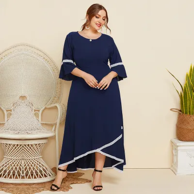 Women Plus Size Lace Stitching Elegant Solid Color Loose Dress