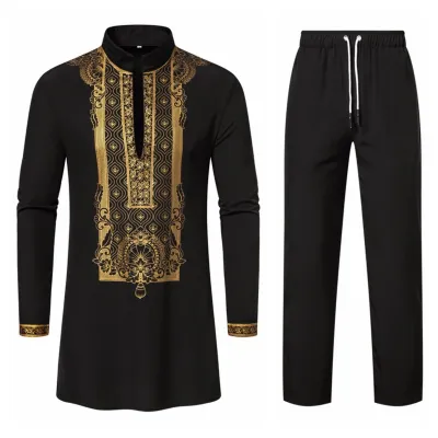 Men Ethnic Gilded Printed Casual Shirt and Trousers Set Long Sleeve Cotton Blend