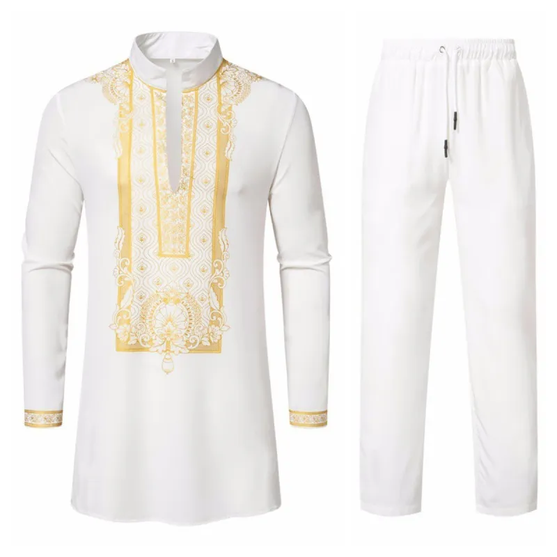 Men Ethnic Gilded Printed Casual Shirt and Trousers Set Long Sleeve Cotton Blend