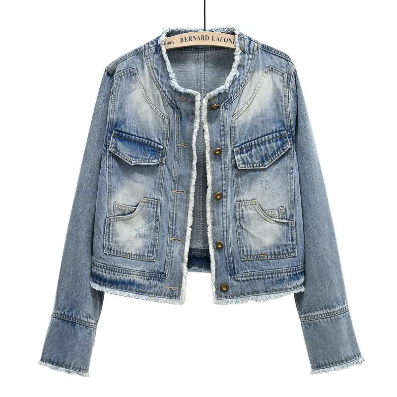 Women Retro Denim Jacket Slim Fit Long Sleeve Crewneck