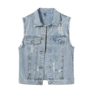 Women Casual Rick Denim Vest Cardigan Lapel