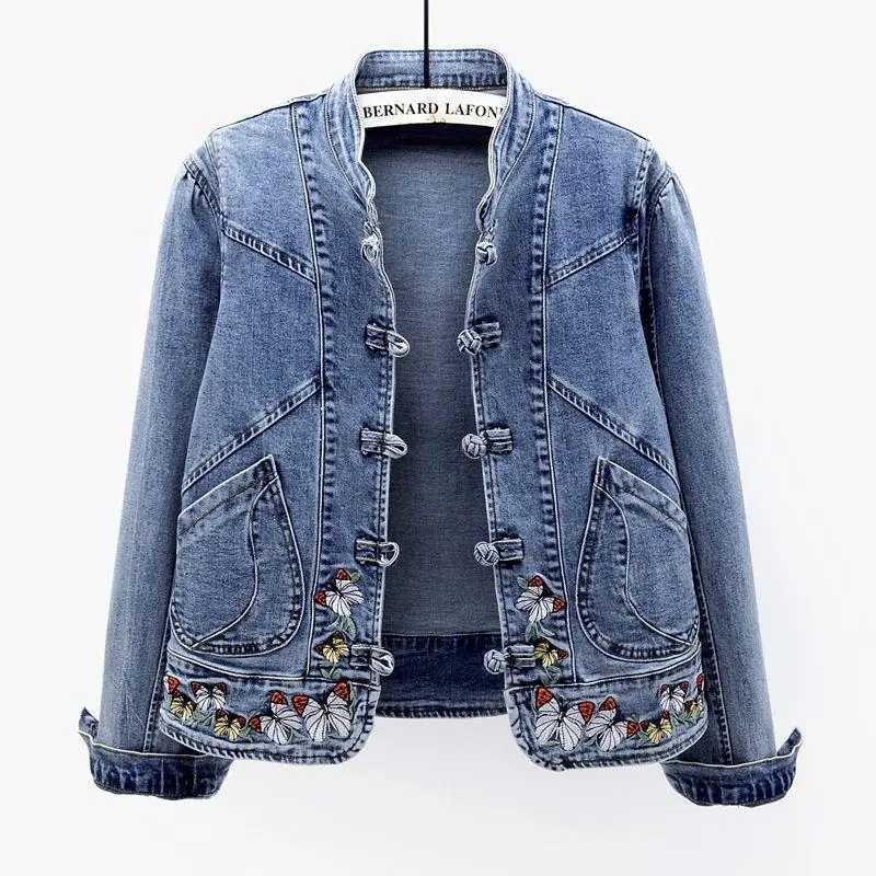 Women Fashion Butterfly Embroidered Denim Jacket