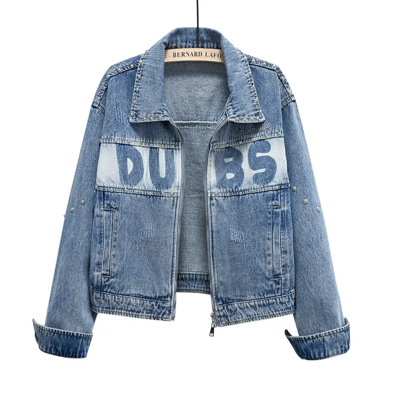 Women Biker Studded Denim Jacket Casual Fashion