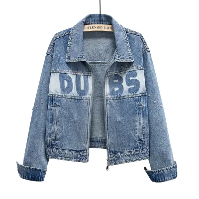 Women Biker Studded Denim Jacket Casual Fashion