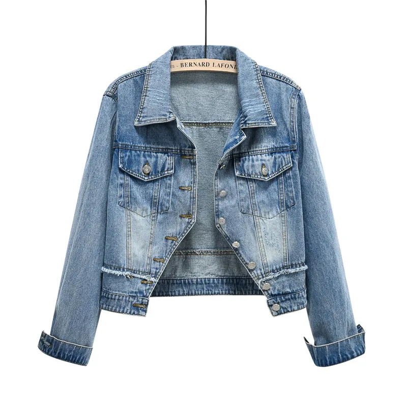 Women Vintage Crop Denim Jacket Slim Fit Casual