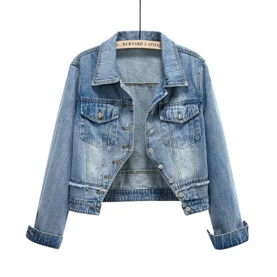 Women Vintage Crop Denim Jacket Slim Fit Casual