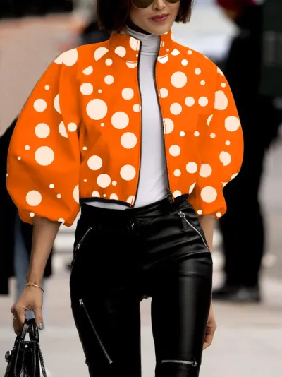 Women's Elegant Polka Dot Floral Printed Short Crop Zipper Jacket