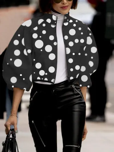 Women's Elegant Polka Dot Floral Printed Short Crop Zipper Jacket
