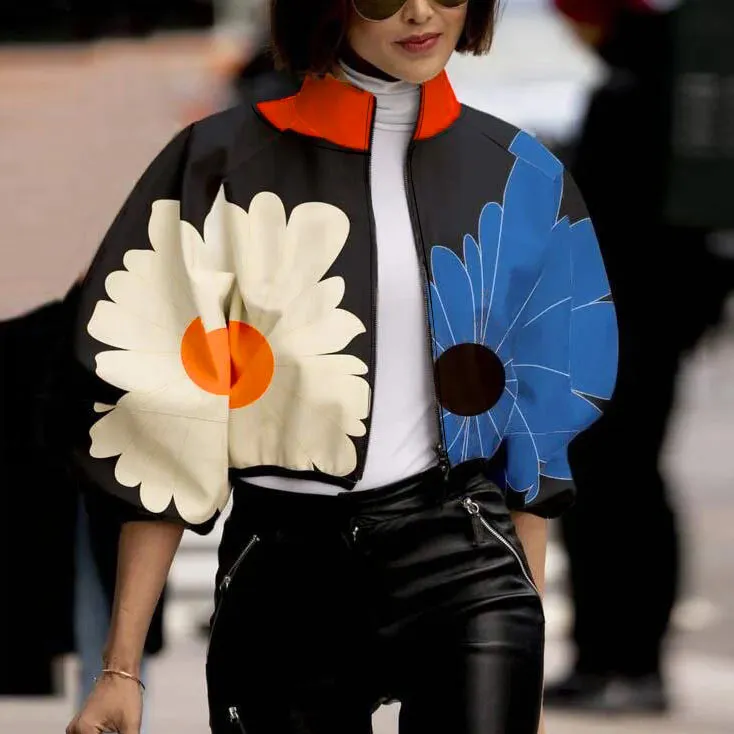 Women's Elegant Polka Dot Floral Printed Short Crop Zipper Jacket