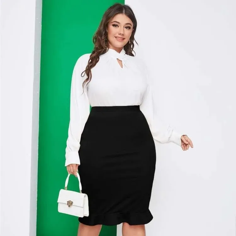 Women Plus Size Solid Color Ruffled Fishtail Skirt