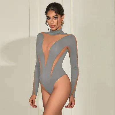 Summer Women Sexy Casual Mesh Stitching High Waist Long Sleeve Tight Bodysuit
