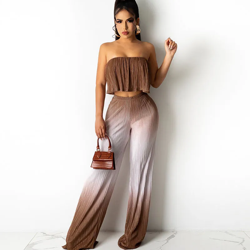 Women Summer Off-Shoulder Pleated Gradient Top Casual Pants Two-Piece Set