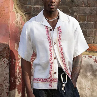 Men Fashion Lapel Printed Short Sleeve Shirt