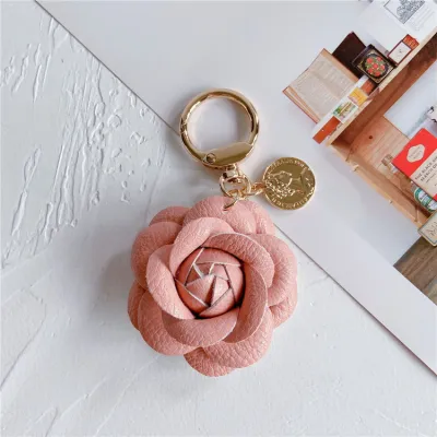 Women Fashion Cute Leather Camellia Keychain Pendant