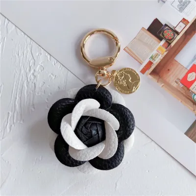 Women Fashion Cute Leather Camellia Keychain Pendant