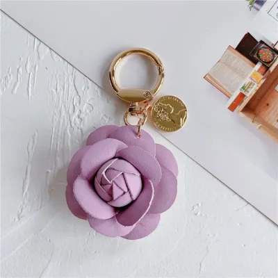 Women Fashion Cute Leather Camellia Keychain Pendant