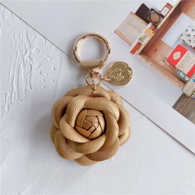 Women Fashion Cute Leather Camellia Keychain Pendant