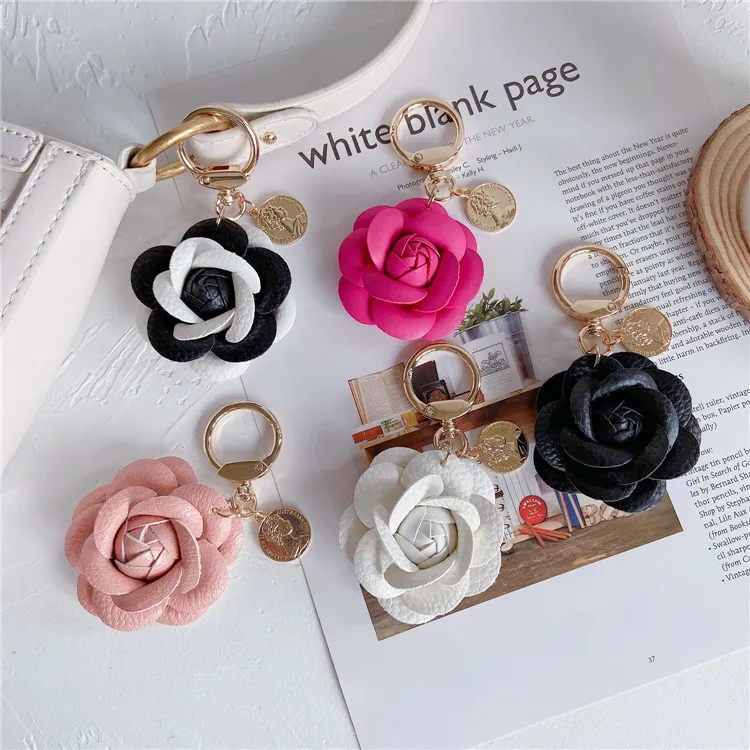 Women Fashion Cute Leather Camellia Keychain Pendant