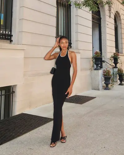 Women Sexy Halter Neck Crewneck Knit Split Backless Maxi Dress