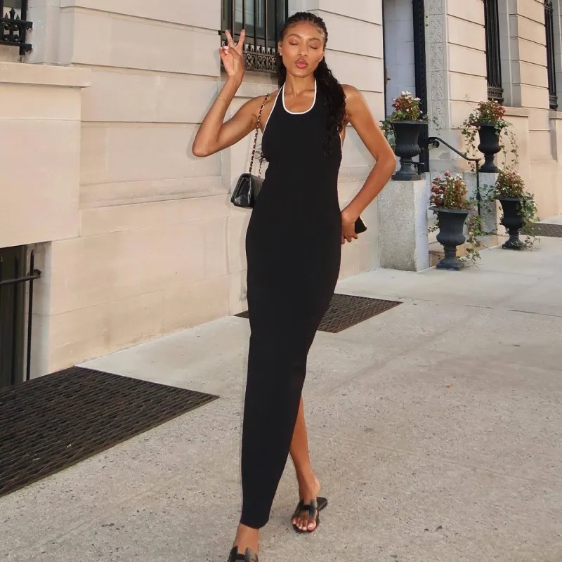 Women Sexy Halter Neck Crewneck Knit Split Backless Maxi Dress