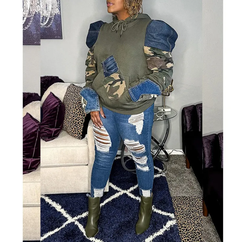 Street Fashion Women Big Pocket Camouflage Long Sleeve Hoodie