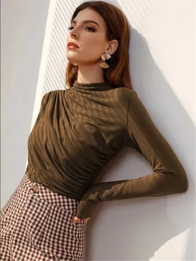 Elegant Women Office High Collar Pleated Long-Sleeved Solid Blouse