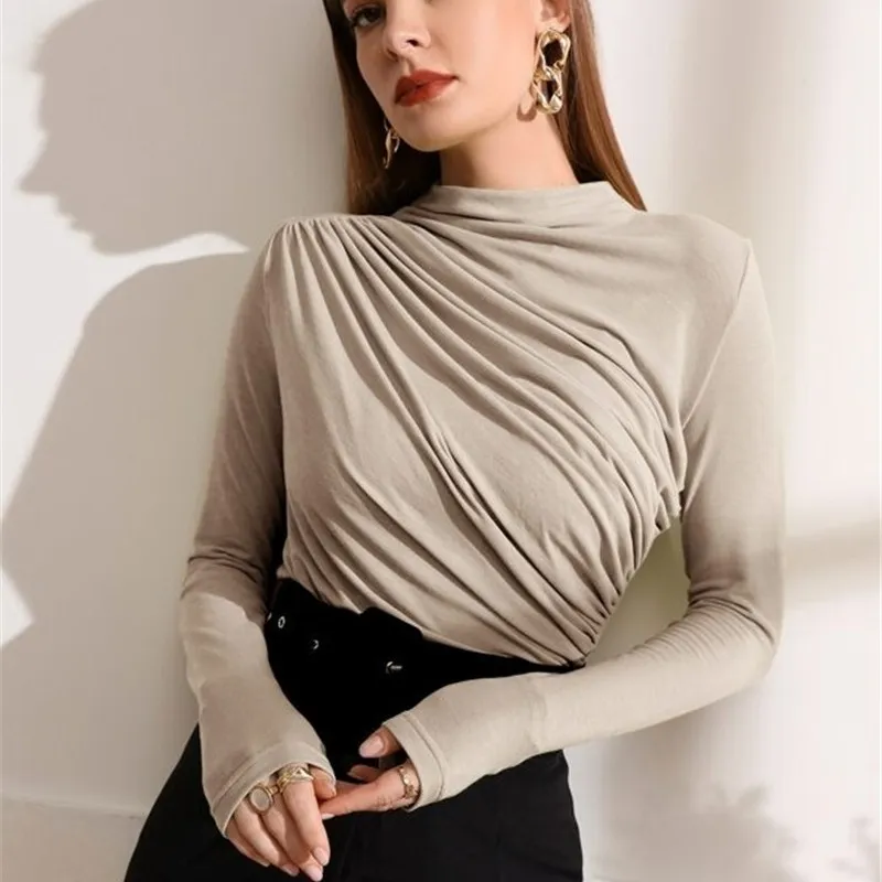 Elegant Women Office High Collar Pleated Long-Sleeved Solid Blouse