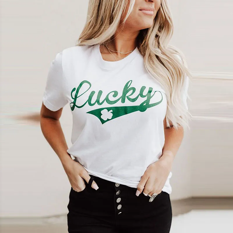 St. Patrick's Day Clover Printed Lucky Crewneck T-Shirt for Women, Urban Leisure Style