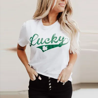 St. Patrick's Day Clover Printed Lucky Crewneck T-Shirt for Women, Urban Leisure Style