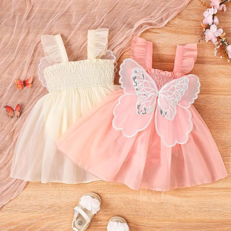 Summer Baby Girls Solid Color Butterfly Mesh Ruffled Sleeveless Princess Dress A-Line Skirt