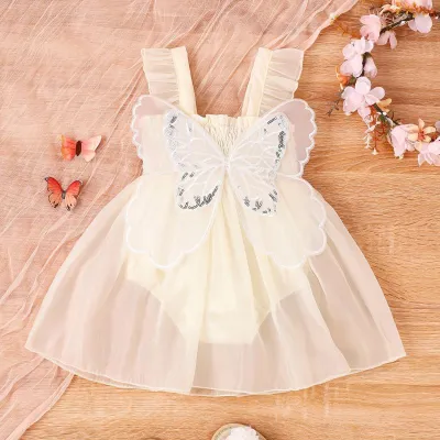Summer Baby Girls Solid Color Butterfly Mesh Ruffled Sleeveless Princess Dress A-Line Skirt