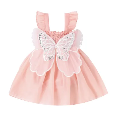 Summer Baby Girls Solid Color Butterfly Mesh Ruffled Sleeveless Princess Dress A-Line Skirt