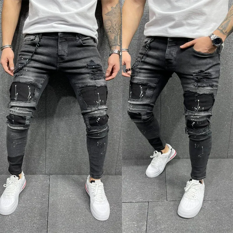 Men Fashion Vintage Ripped Paint Stretch Skinny Jeans