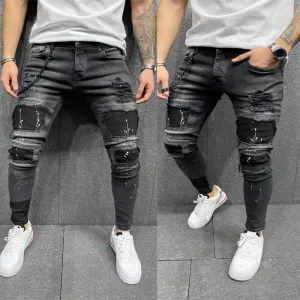 Men Fashion Vintage Ripped Paint Stretch Skinny Jeans