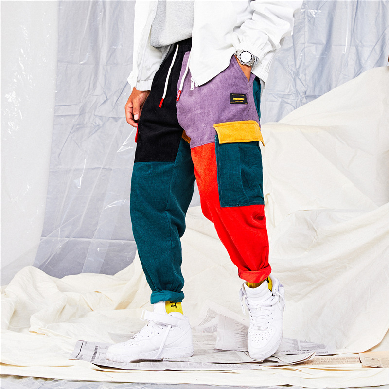 Wholesale Men Fashion Corduroy Color Blocking Cargo Pants