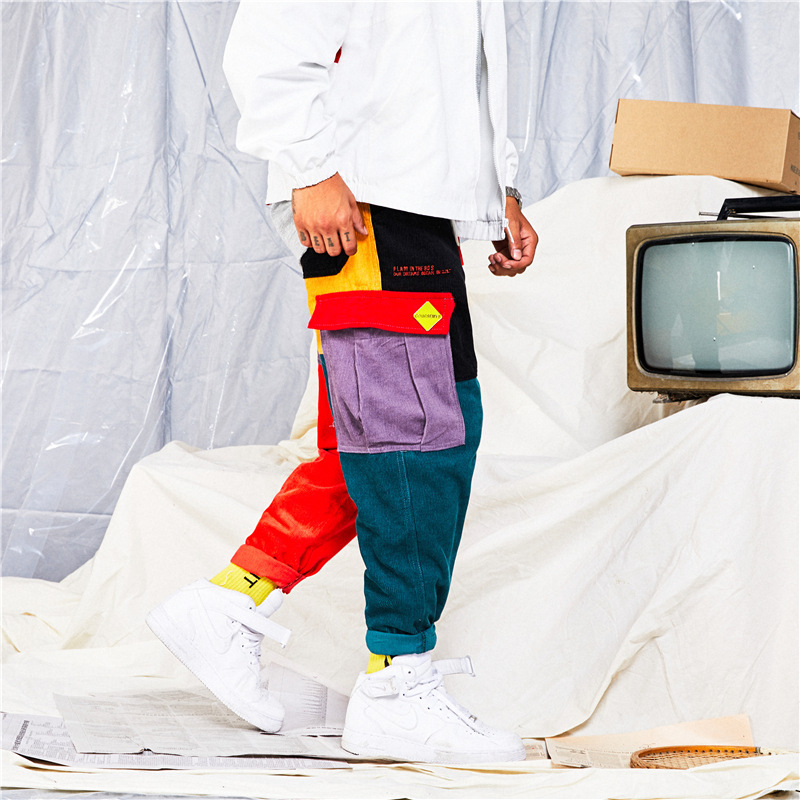 Wholesale Men Fashion Corduroy Color Blocking Cargo Pants