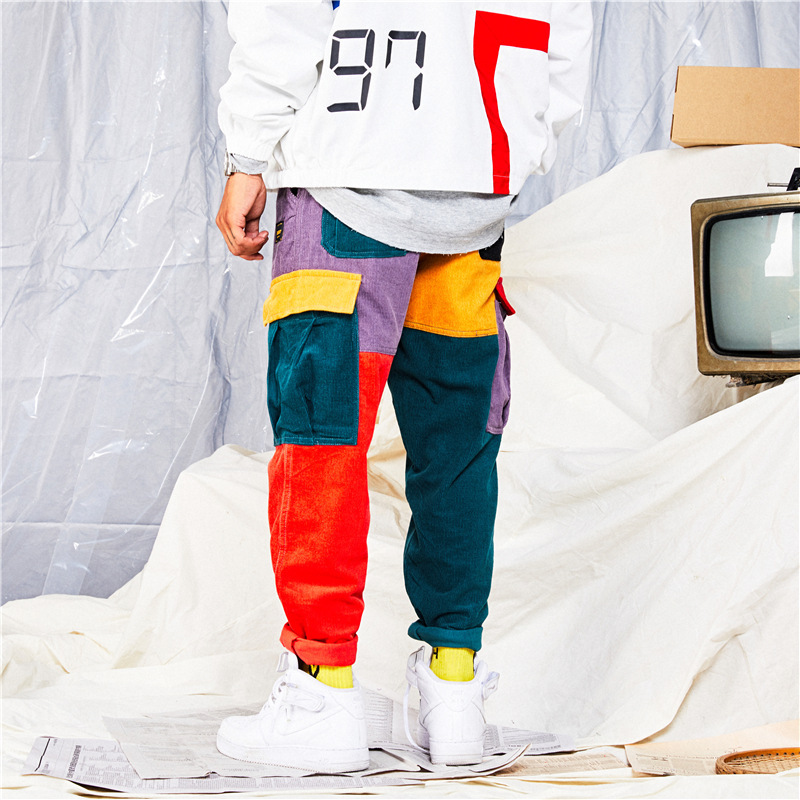 【COLOR iN ID】Corduroy flop color matching pants Color Block Corduroy Cargo Harem Pants Streetwear Cotton